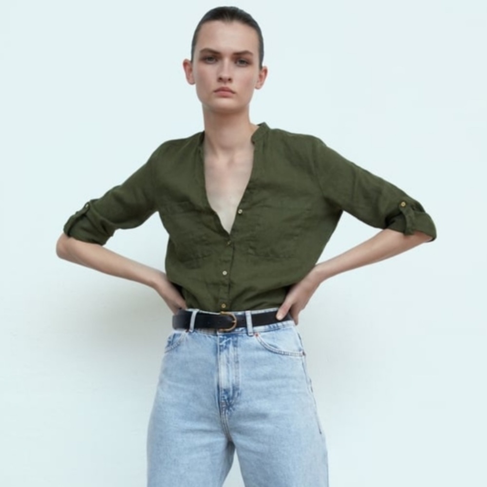 New Zara Green Linen Button Up Top ASO Kate Middleton